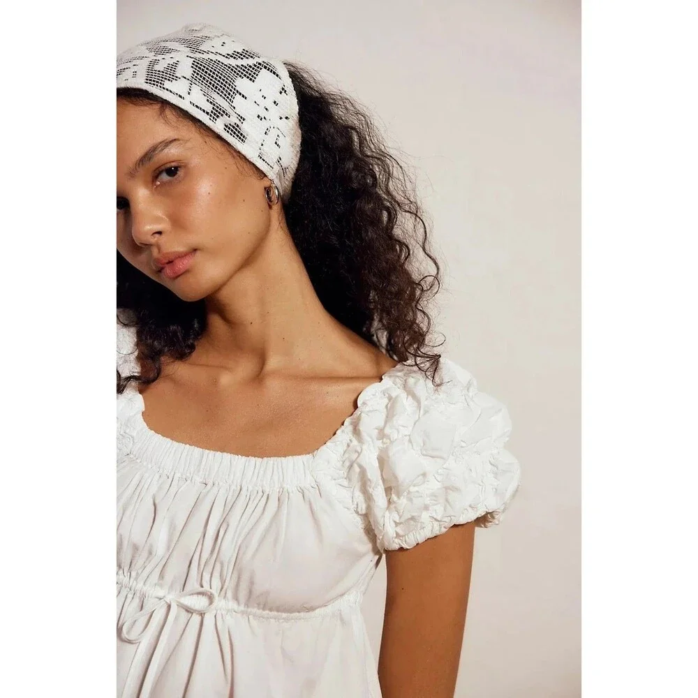Free People Free Est Flaunt It Mini Dress Ruched Smocked Puff Sleeves XL 288772
